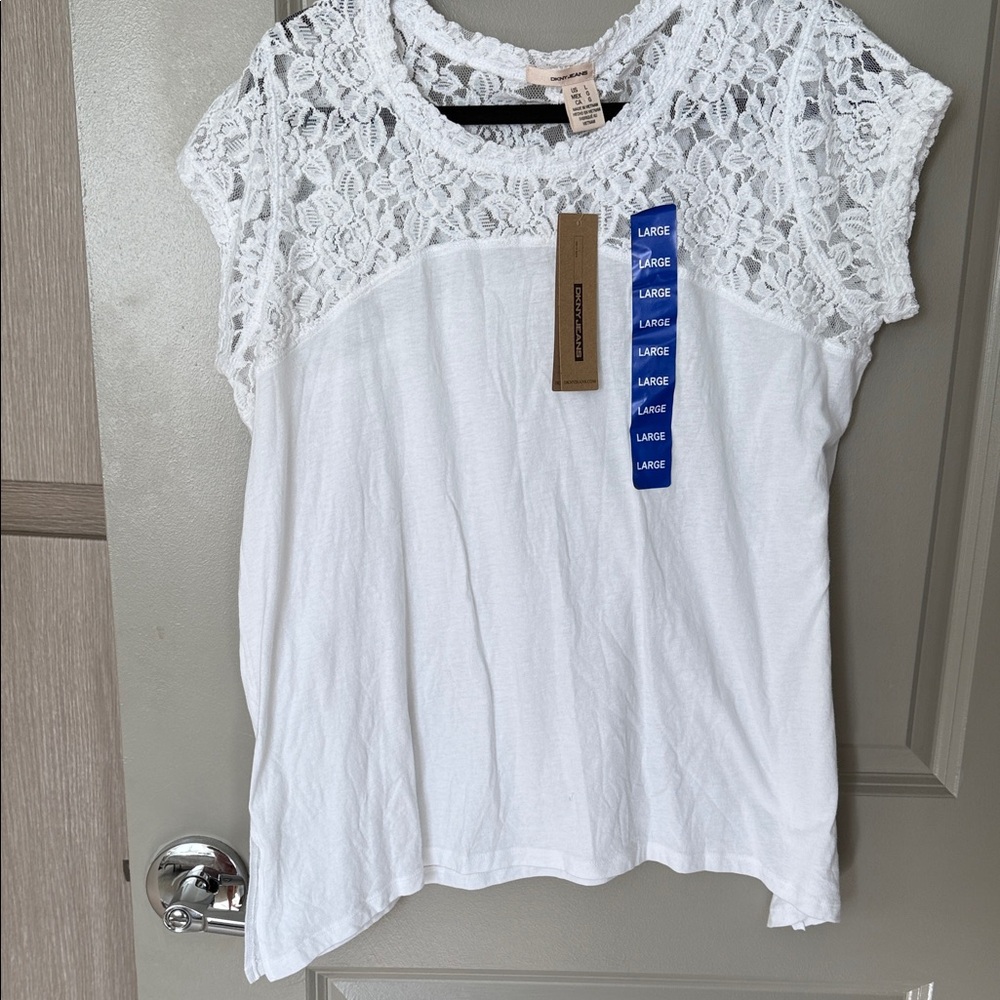 DKNY White Lace  Short Sleeve Top L